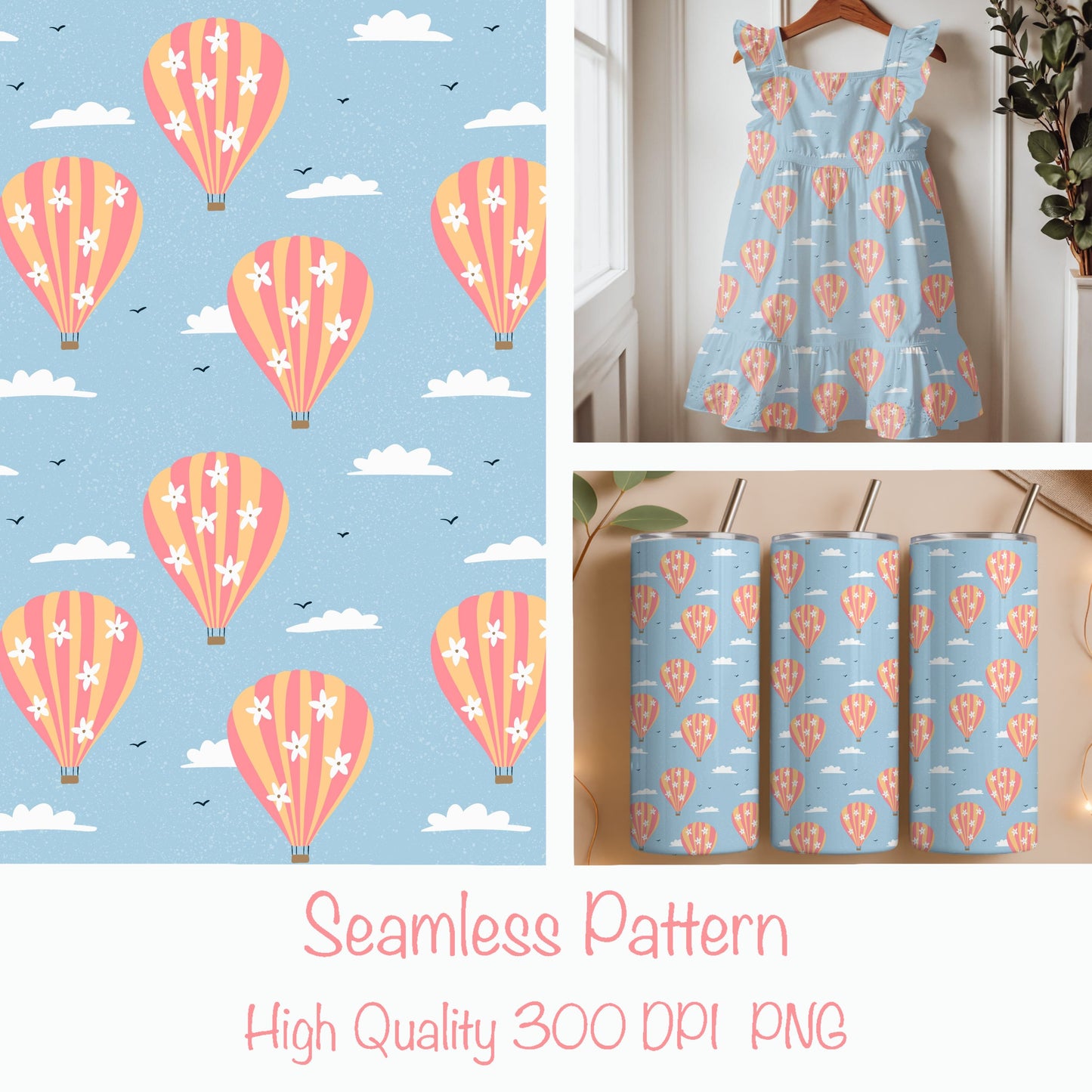 Seamless Hot Air Balloon Pattern PNG, Blue Floral Sky Digital Paper 12x12, Dreamy Cloud Surface Pattern for Nursery, Fabric, Packaging, Commercial Use