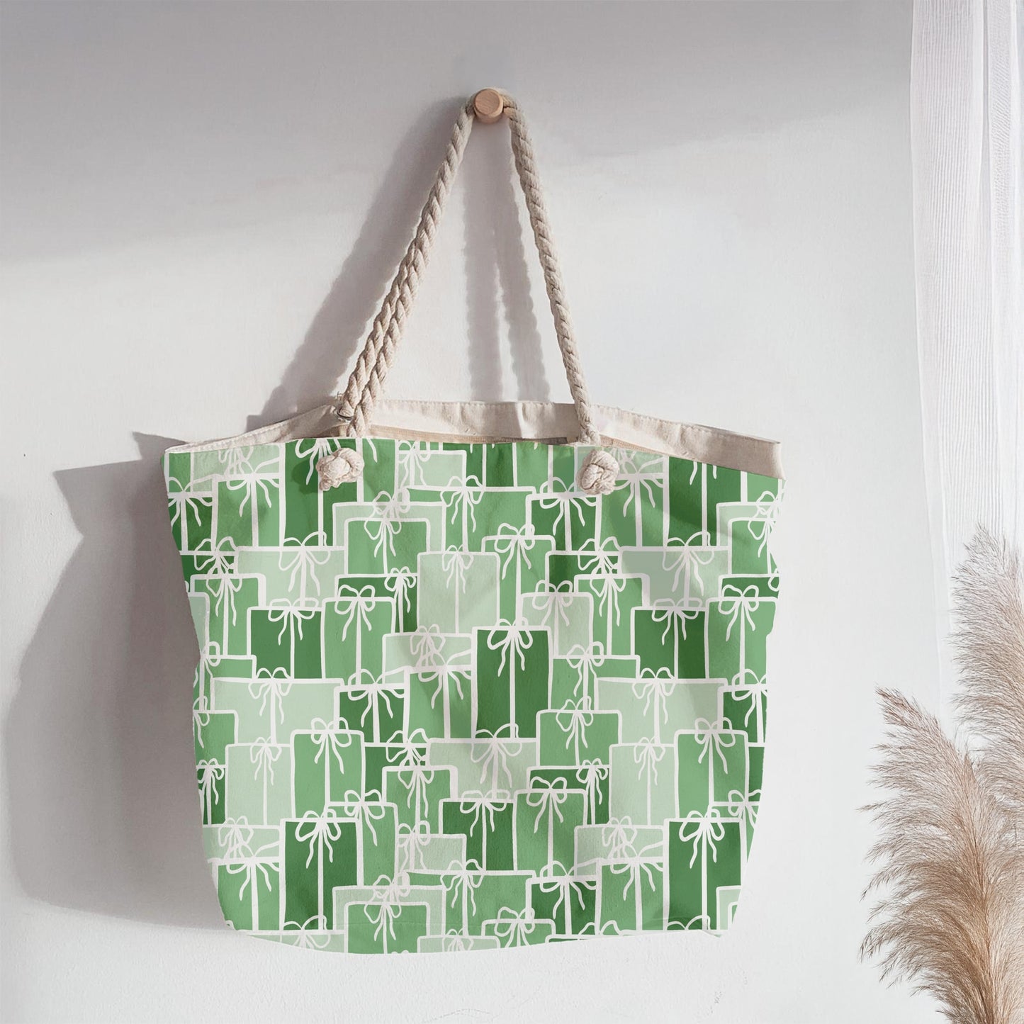 Christmas Presents Seamless Pattern – Green Gift Boxes with Hand-Drawn White Bows