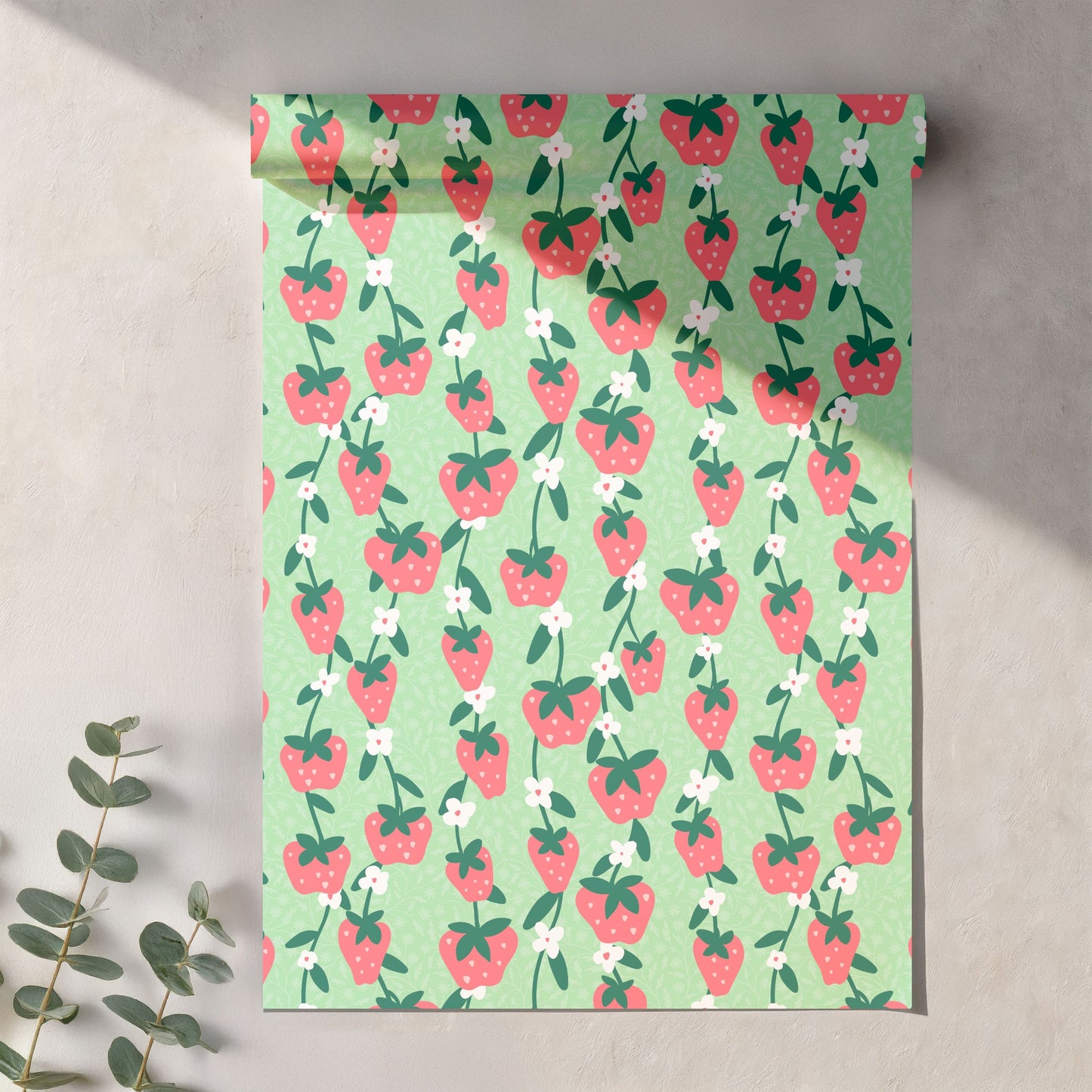 Seamless Strawberry Vine Pattern PNG, Green Botanical Fruit Digital Paper 12x12, Spring Floral Surface Pattern Design for Fabric, Packaging, Commercial Use