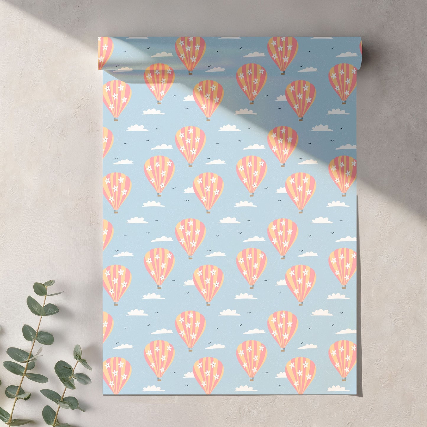Seamless Hot Air Balloon Pattern PNG, Blue Floral Sky Digital Paper 12x12, Dreamy Cloud Surface Pattern for Nursery, Fabric, Packaging, Commercial Use