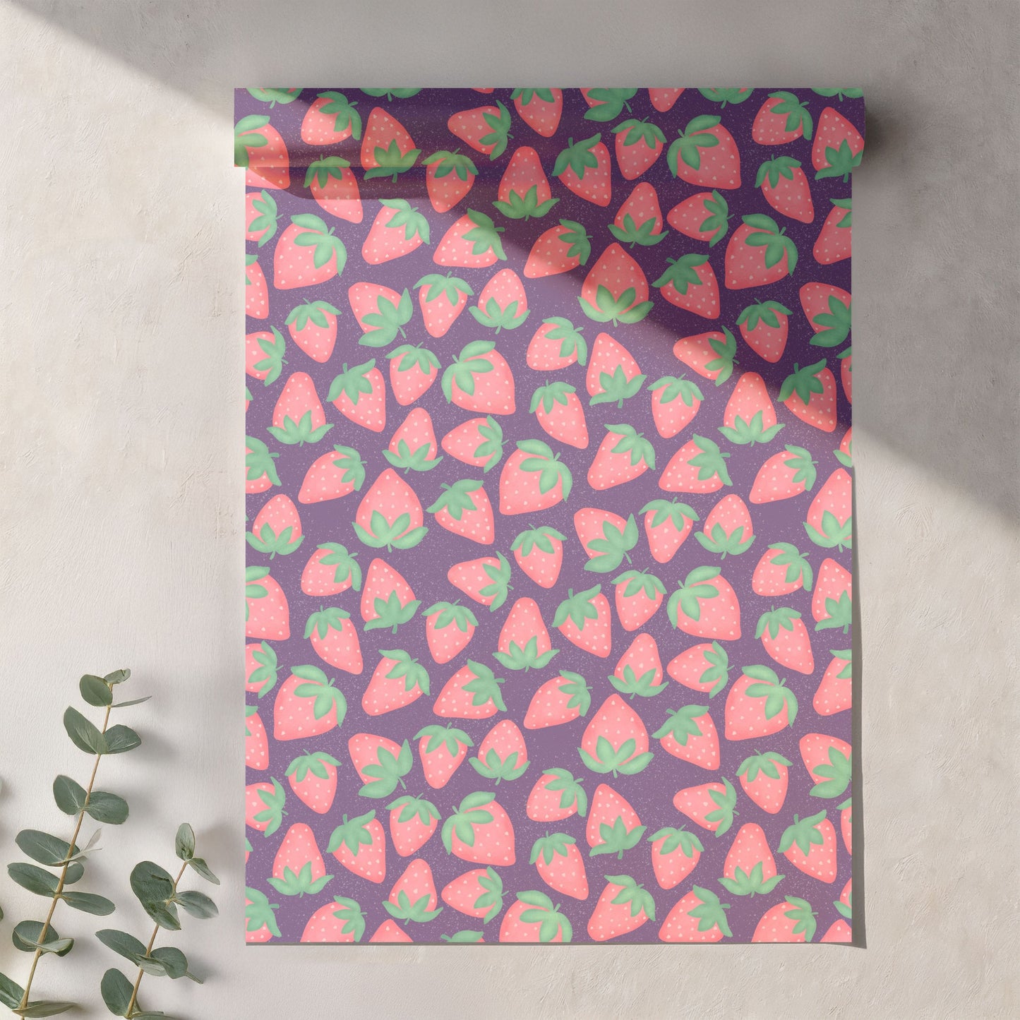 Seamless Strawberry Pattern PNG, Purple Hand Drawn Fruit Digital Paper 12x12, Cute Watercolor Style Surface Pattern for Fabric, Packaging, Commercial Use