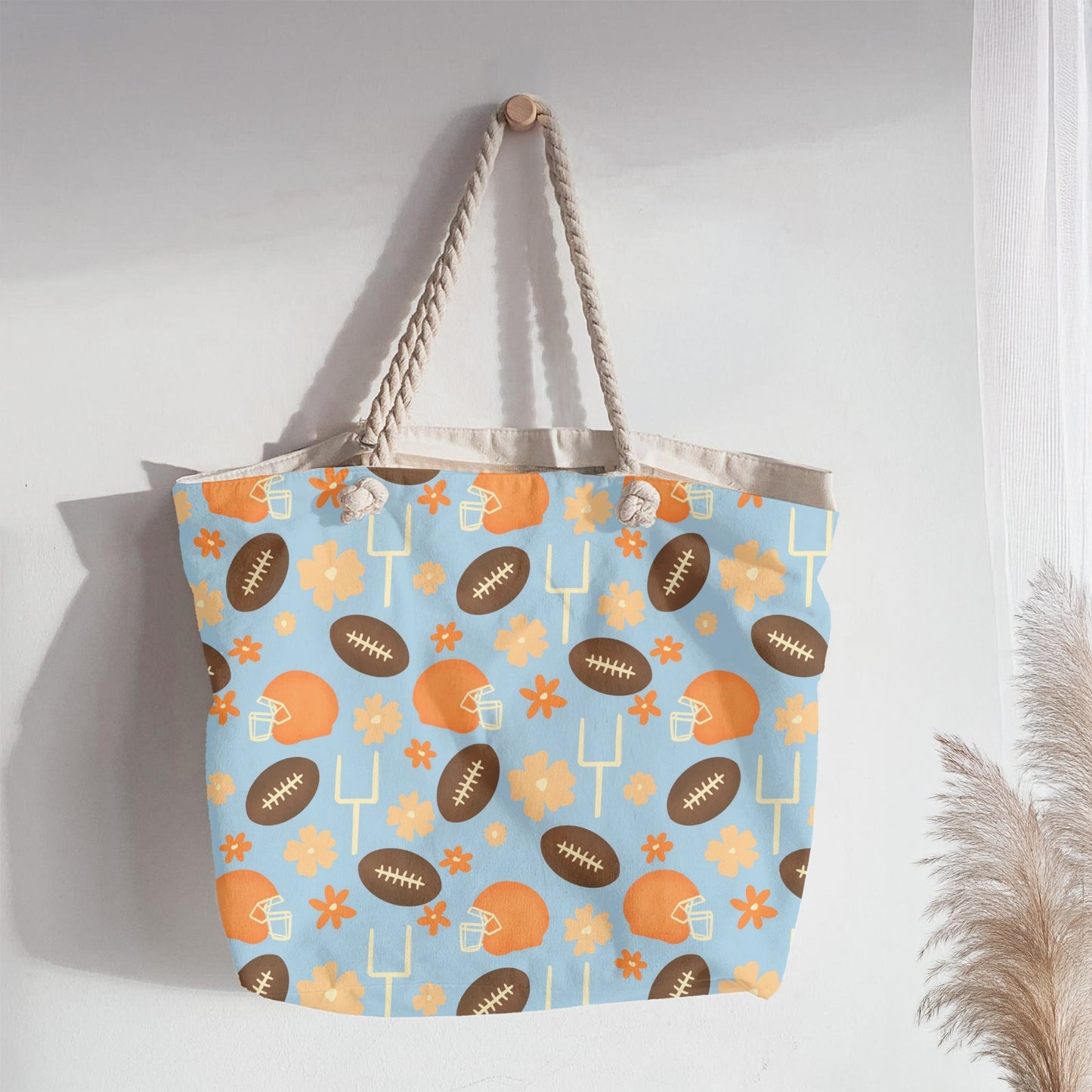 Football Season Light Blue Seamless Pattern – Floral Game Day Football & Helmet Design