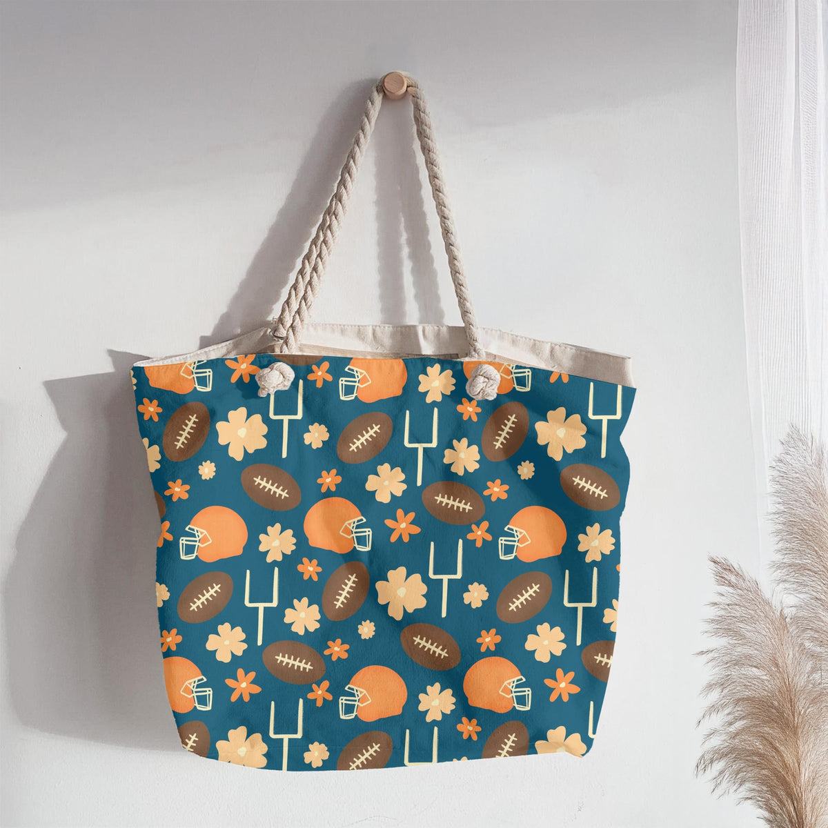 Floral Football Seamless Pattern – Blue & Orange Game Day Sports Design