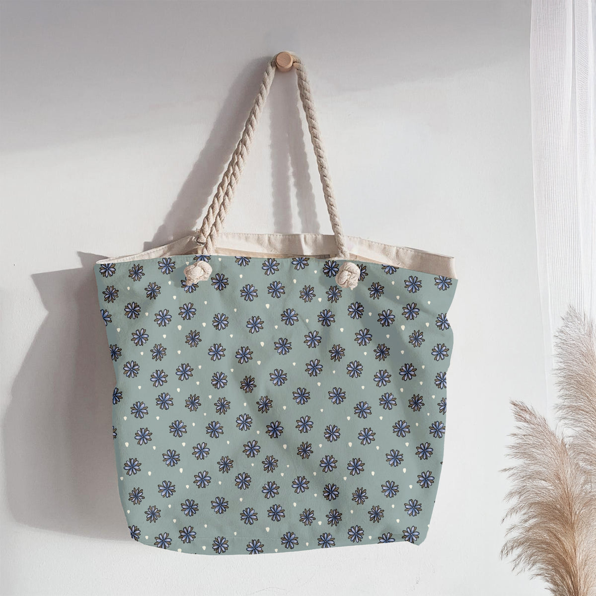 Blue Doodle Flower Seamless Pattern – Whimsical Floral on Muted Sage Green