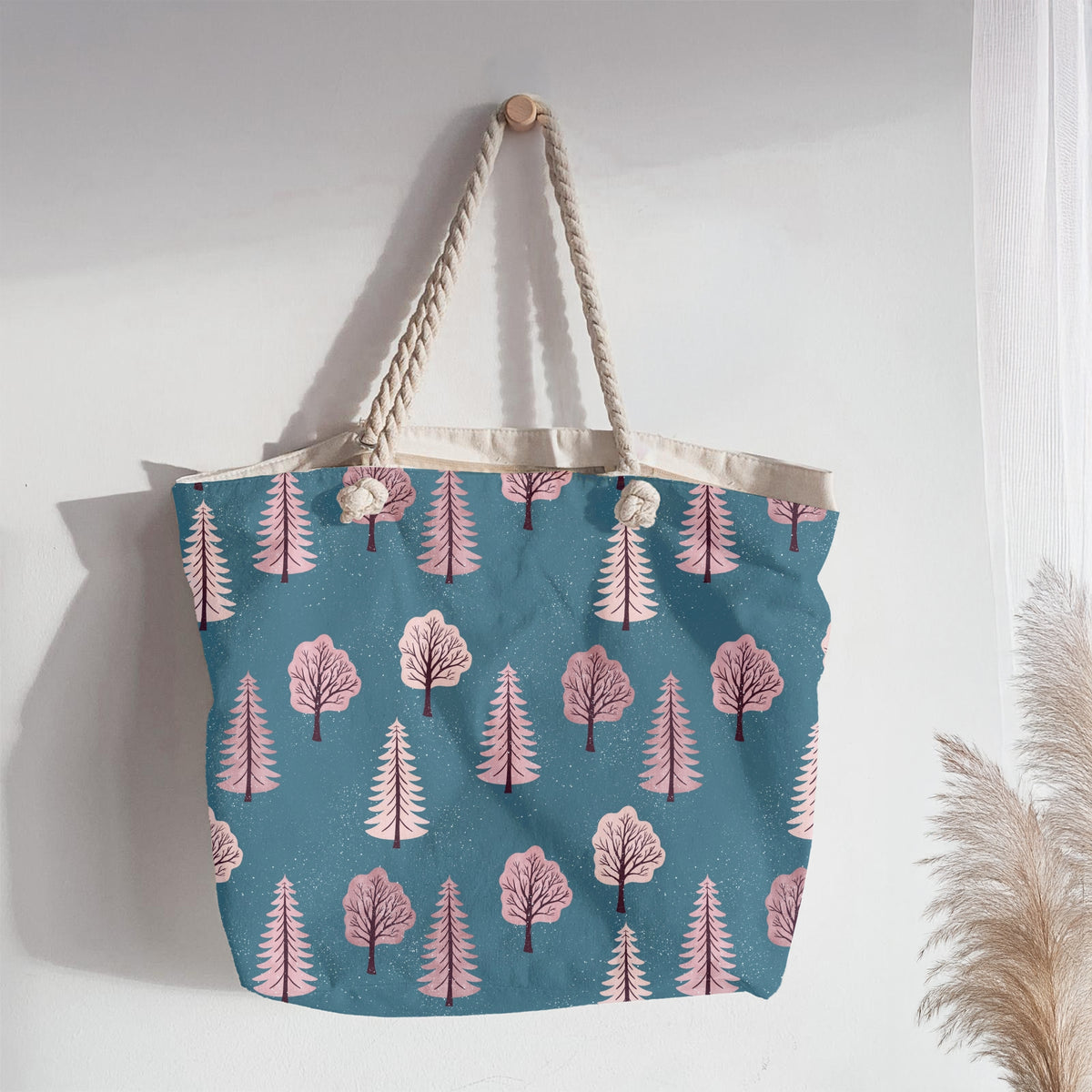 Pink Winter Forest Seamless Pattern – Snowy Blush Trees on Winter Blue