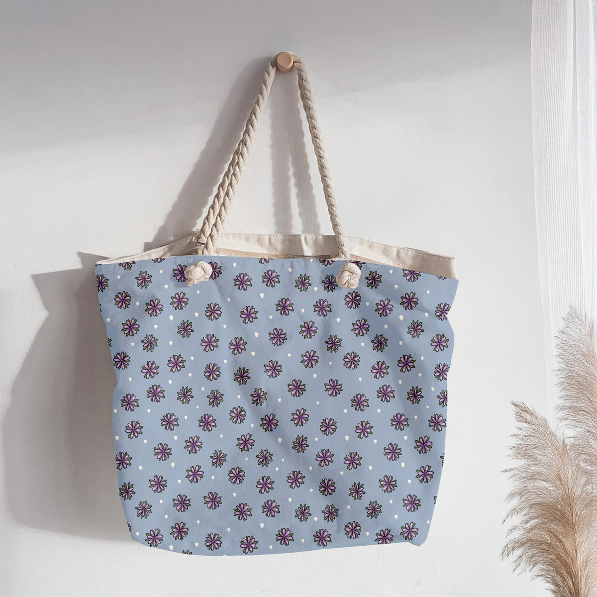 Purple Doodle Flower Seamless Pattern – Whimsical Floral on Dusty Blue