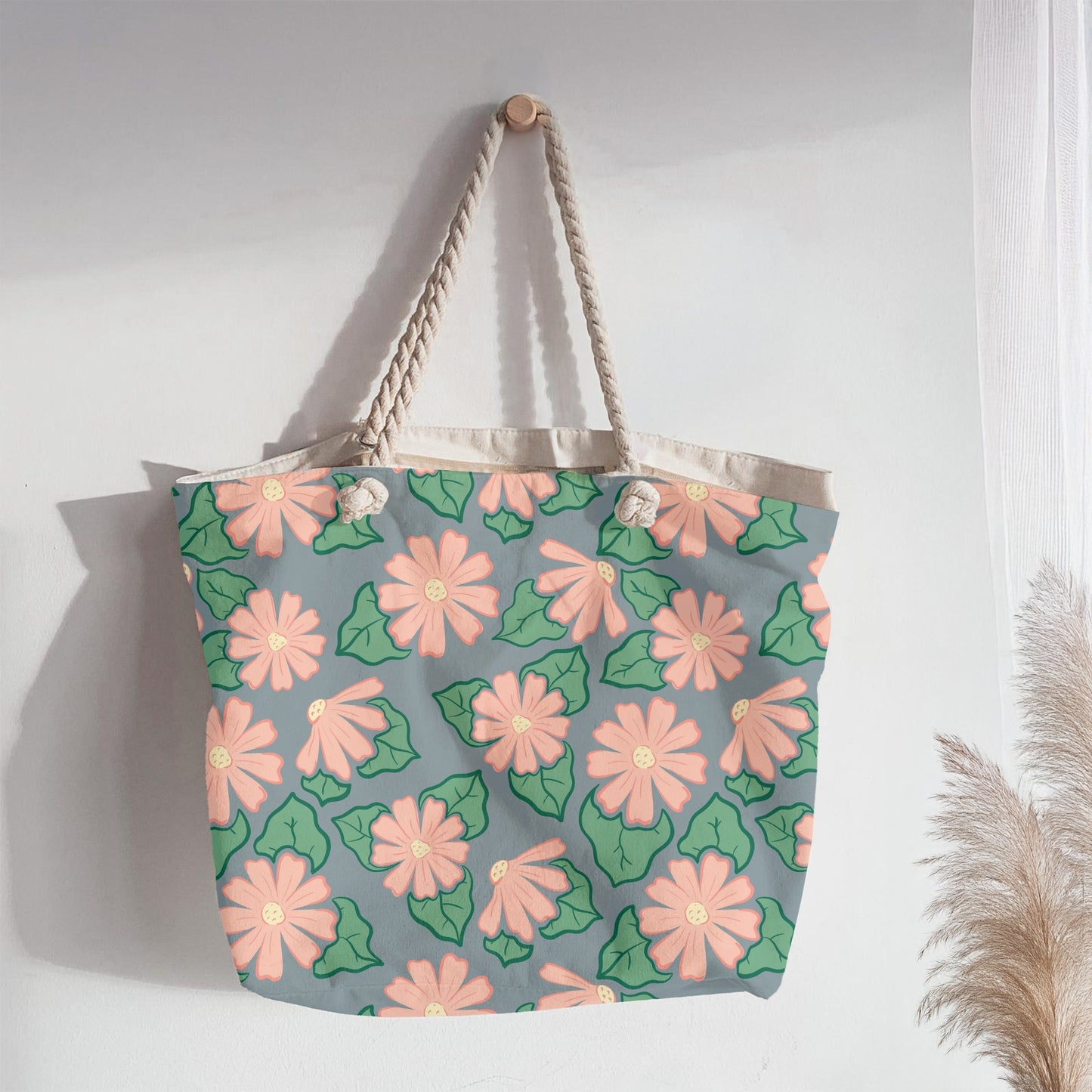Pink Wildflower Seamless Pattern – Coral Flowers Green Leaves on Dusty Blue