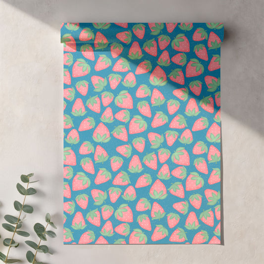 Seamless Strawberry Pattern PNG, Blue Hand Drawn Fruit Digital Paper 12x12, Cute Watercolor Style Surface Pattern for Fabric, Packaging, Commercial Use