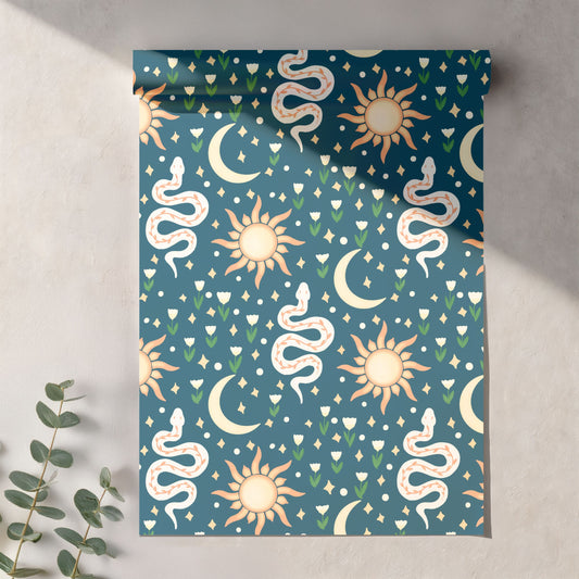 Celestial Serpent Garden Seamless Pattern – Boho Sun, Moon & Snake Print in Deep Teal | Commercial Use Surface Design