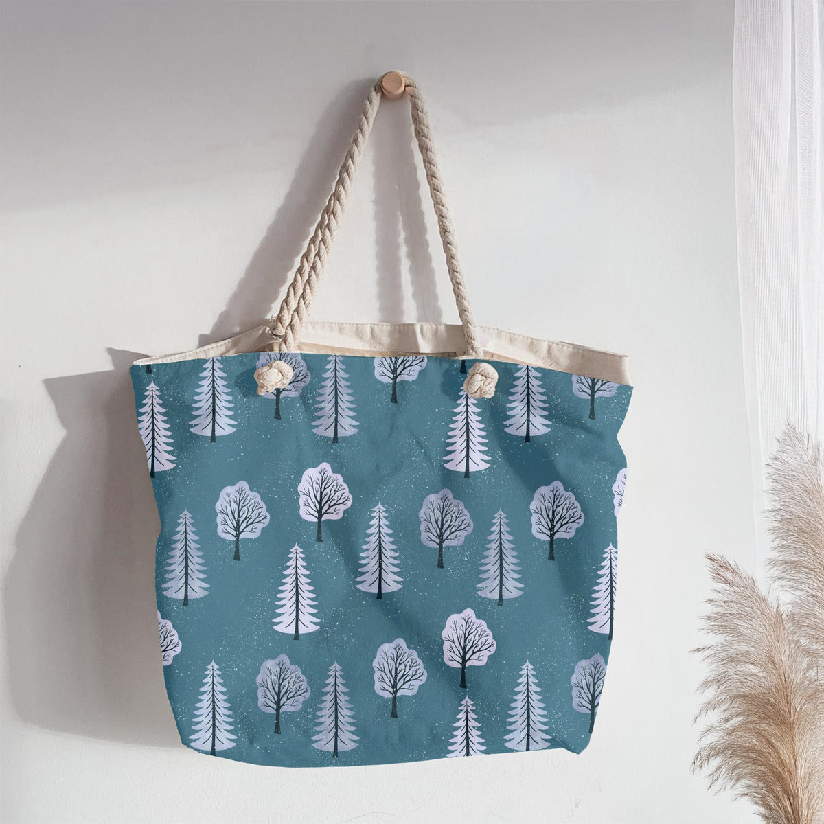 Forest Light Seamless Pattern – Snowy Winter Trees in Icy Blue & Lavender