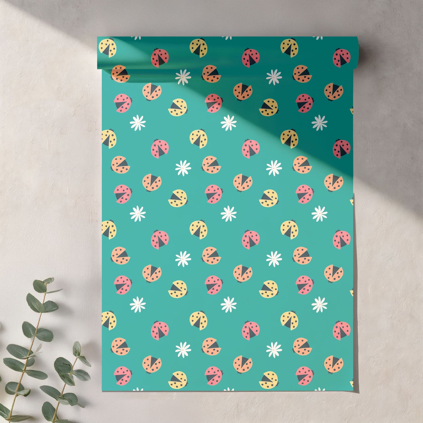 Seamless Ladybug Pattern PNG, Teal Cute Floral Bug Digital Paper 12x12, Whimsical Nature Surface Pattern for Fabric, Packaging, Kids Design, Commercial Use