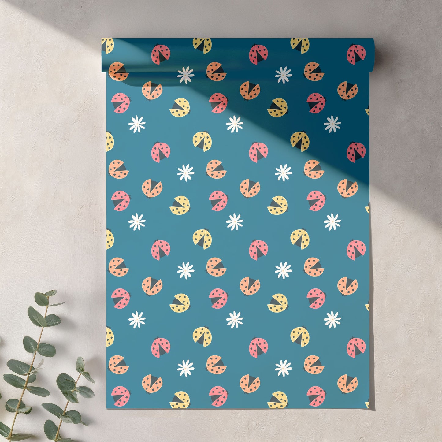 Seamless Ladybug Pattern PNG, Blue Cute Floral Bug Digital Paper 12x12, Whimsical Nature Surface Pattern for Fabric, Packaging, Kids Design, Commercial Use
