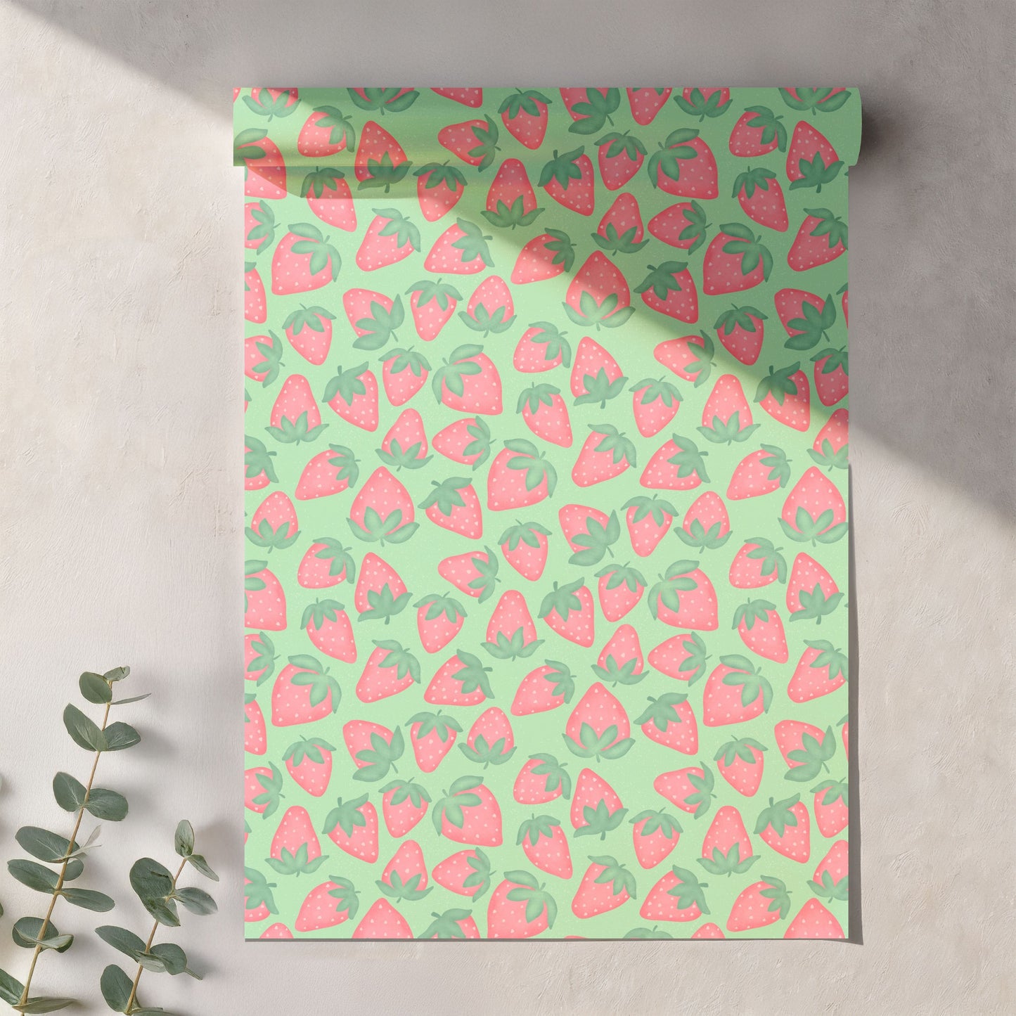 Seamless Strawberry Pattern PNG, Green Hand Drawn Fruit Digital Paper 12x12, Cute Watercolor Style Surface Pattern for Fabric, Packaging, Commercial Use