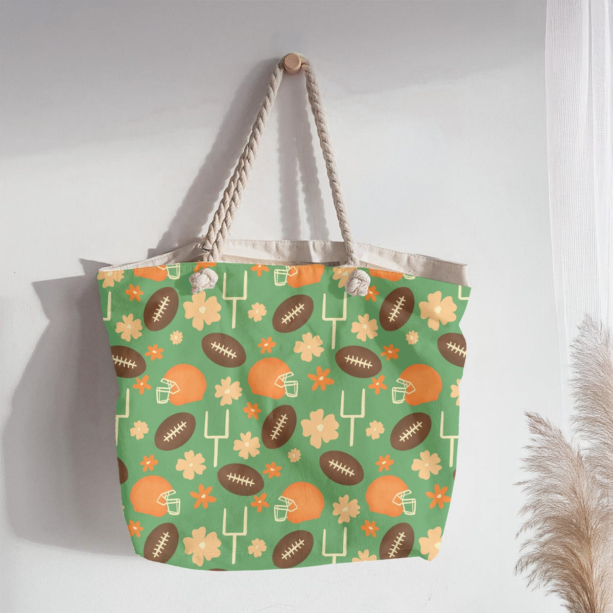 Football Season Green Seamless Pattern – Floral Game Day Football & Helmet Design