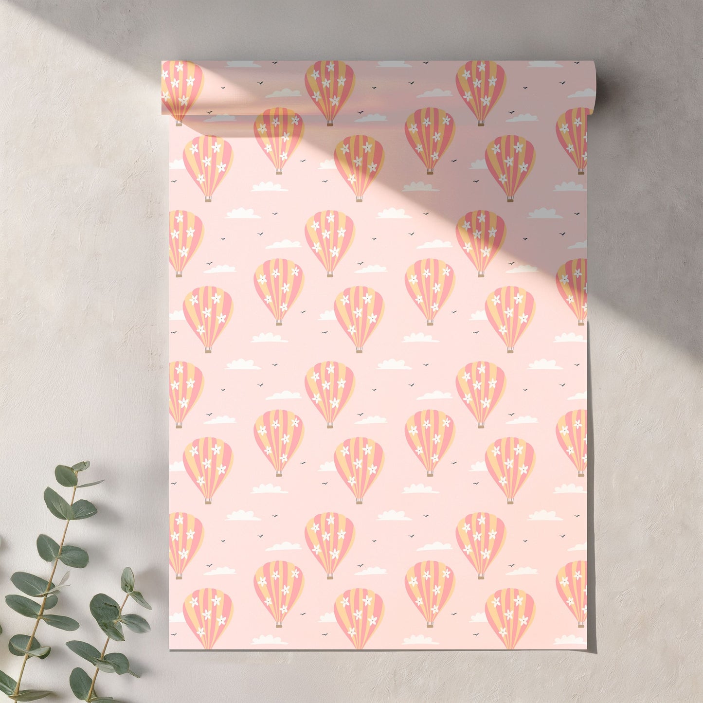 Seamless Hot Air Balloon Pattern PNG, Pink Floral Sky Digital Paper 12x12, Dreamy Cloud Surface Pattern for Nursery, Fabric, Packaging, Commercial Use