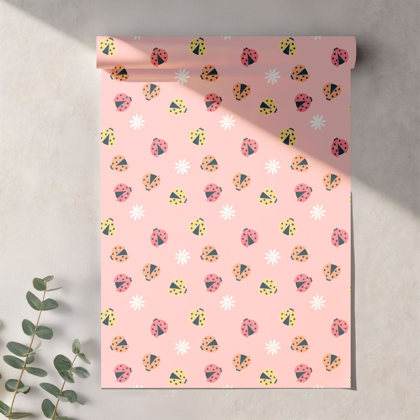 Seamless Ladybug Pattern PNG, Pink Cute Floral Bug Digital Paper 12x12, Whimsical Nature Surface Pattern for Fabric, Nursery, Packaging, Commercial Use