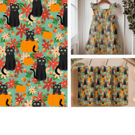 Black Cats Pumpkins and Autumn Flowers | Halloween Seamless Pattern