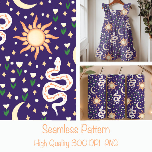 Celestial Serpent Garden Seamless Pattern – Boho Sun, Moon & Snake Print in Deep Purple | Commercial Use Surface Design