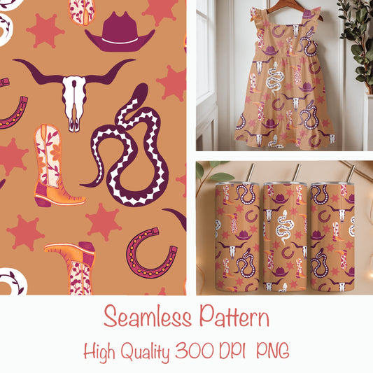 Western Spirit Seamless Pattern – Cowgirl Boots, Snakes & Longhorn Print in Warm Brown | Commercial Use Surface Design