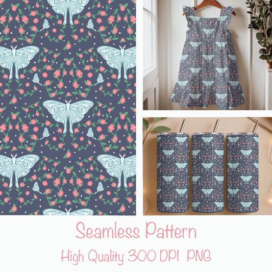 Butterfly Garden Seamless Pattern PNG, Blue Floral Butterfly Digital Paper 12x12, Vintage Whimsical Fabric Design, Cottagecore Nursery Print