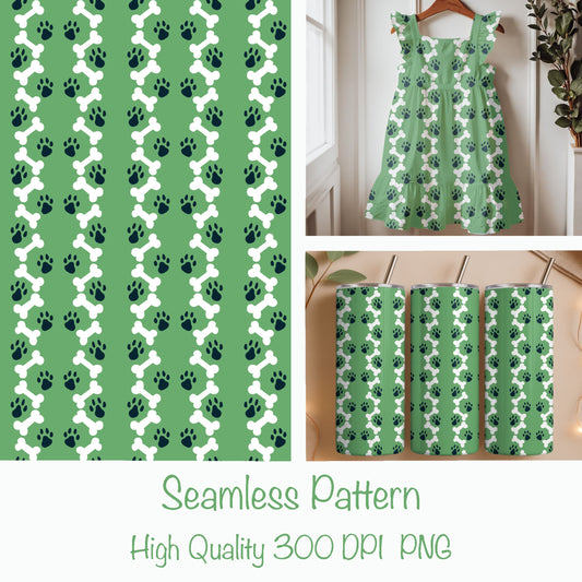 Paws & Bones Seamless Pattern – Playful Pet Print in Green | Commercial Use Surface Design