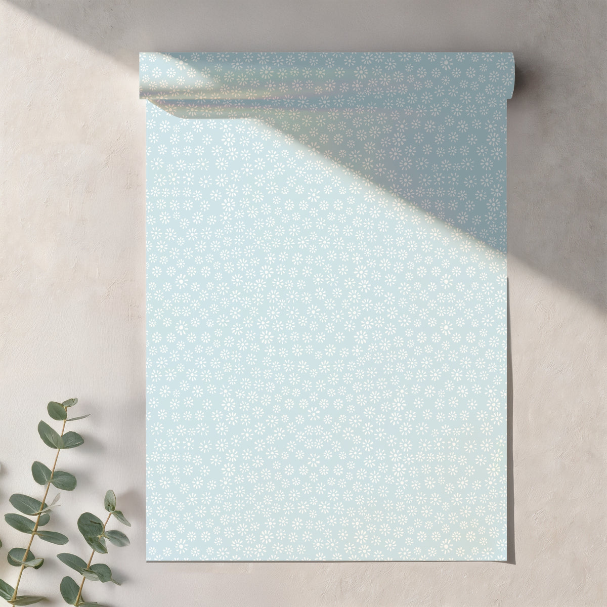 Light Blue Ditsy Daisy Seamless Pattern – Tiny White Floral Background