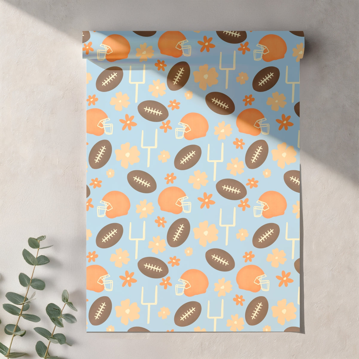 Football Season Light Blue Seamless Pattern – Floral Game Day Football & Helmet Design