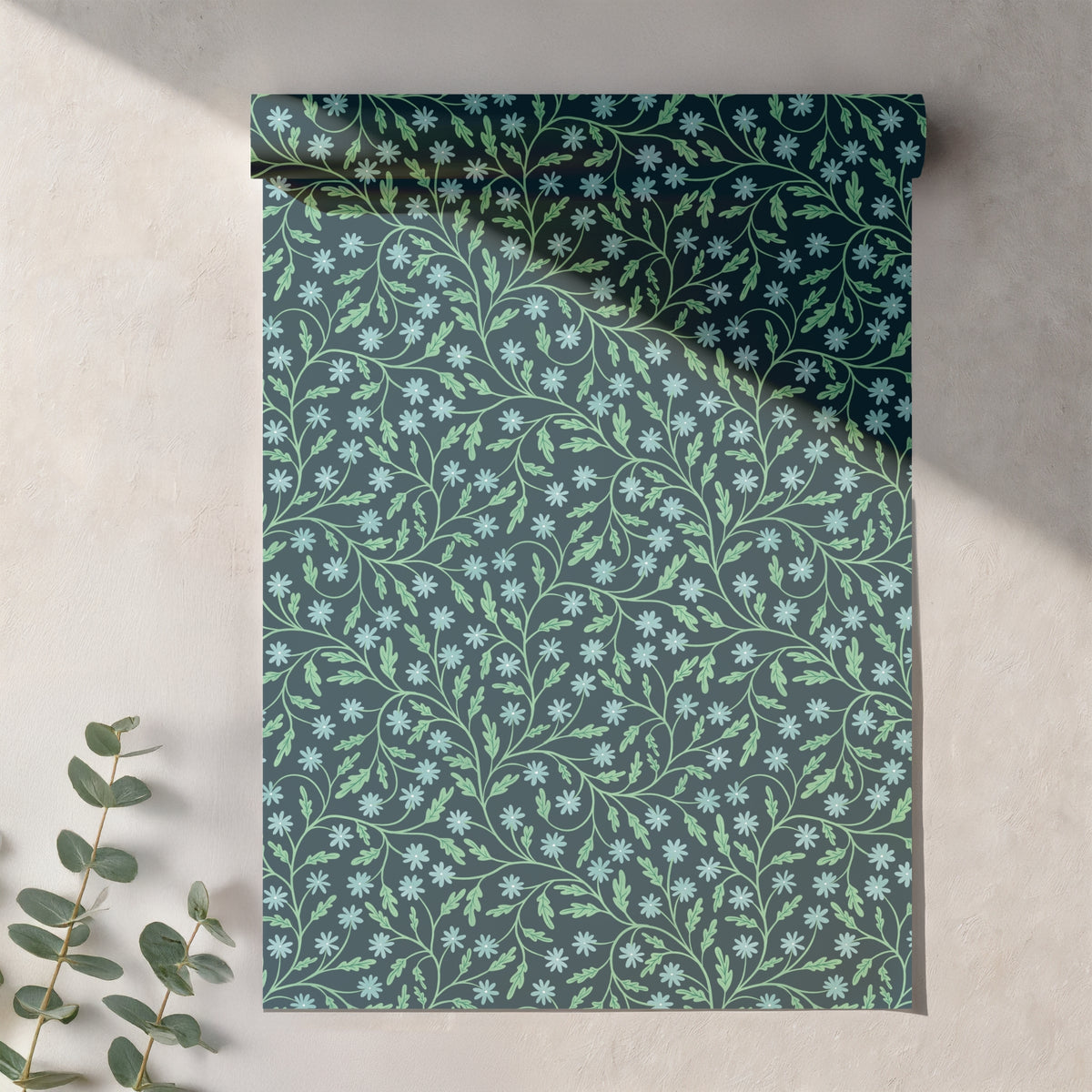 Midnight Blue Wildflower Vine Seamless Pattern – Moody Blue Botanical Floral Design