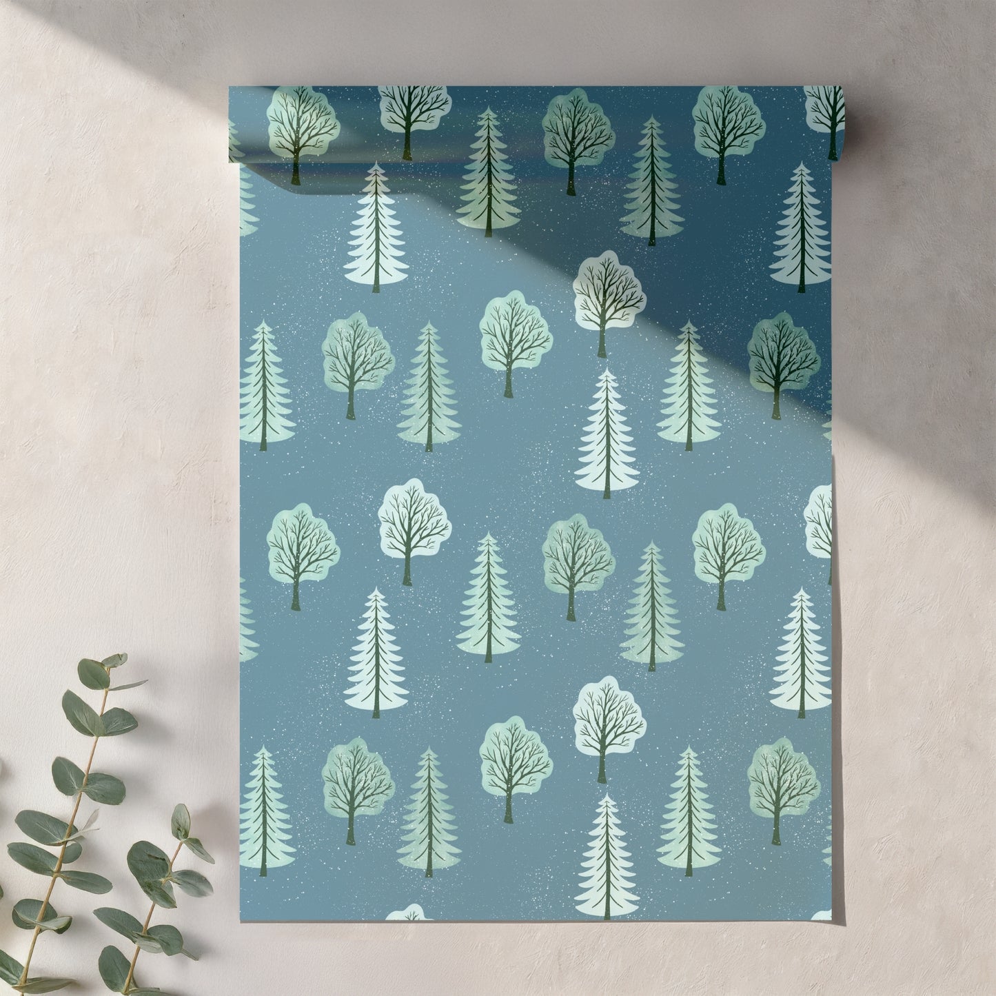 Quiet Winter Woods Seamless Pattern – Snowy Evergreen Forest in Blue & Mint