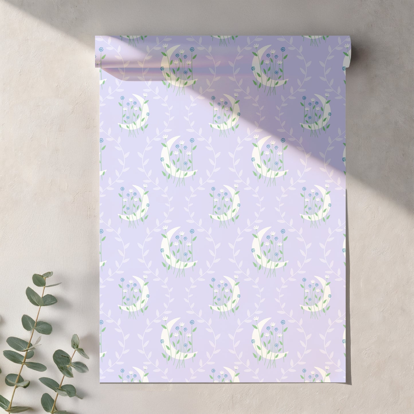 Botanical Crescent Moon Seamless Pattern – Lavender Celestial Wildflower Design