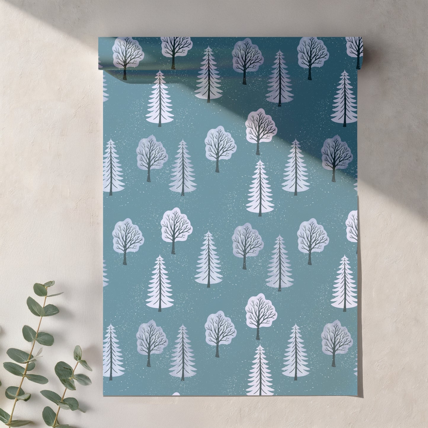 Forest Light Seamless Pattern – Snowy Winter Trees in Icy Blue & Lavender