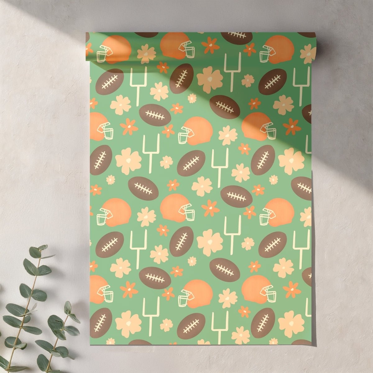 Football Season Green Seamless Pattern – Floral Game Day Football & Helmet Design