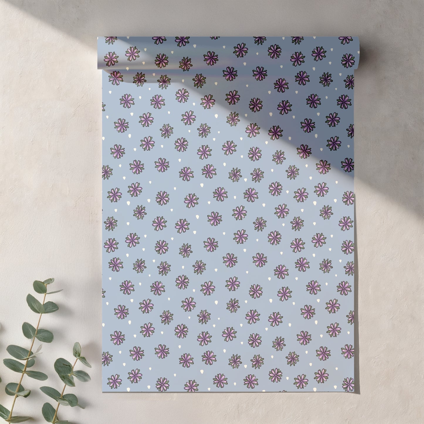 Purple Doodle Flower Seamless Pattern – Whimsical Floral on Dusty Blue