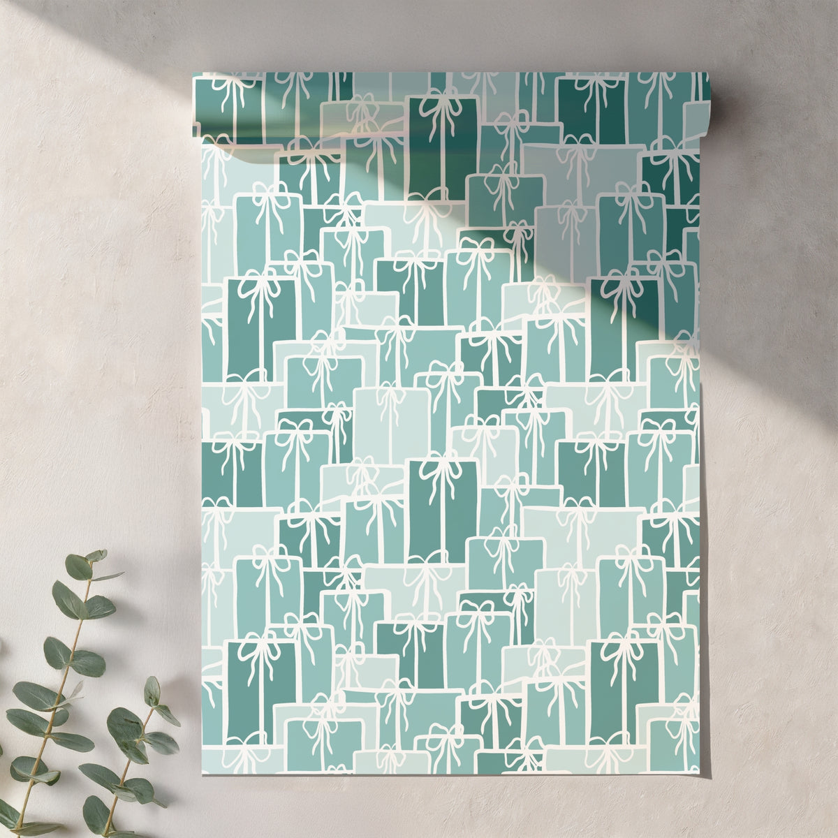 Christmas Presents Seamless Pattern – Teal & Aqua Gift Boxes with Hand-Drawn Bows