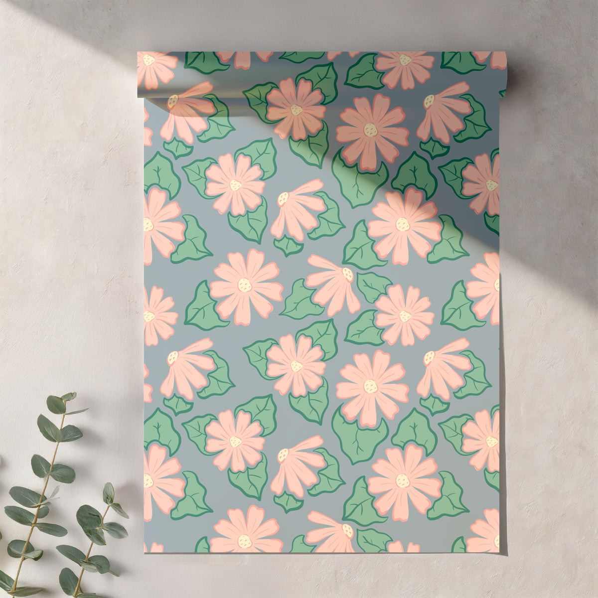 Pink Wildflower Seamless Pattern – Coral Flowers Green Leaves on Dusty Blue