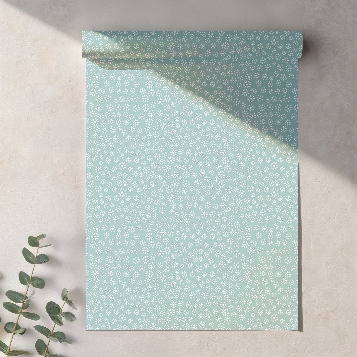 Sage Green Ditsy Daisy Seamless Pattern – Tiny White Floral Background