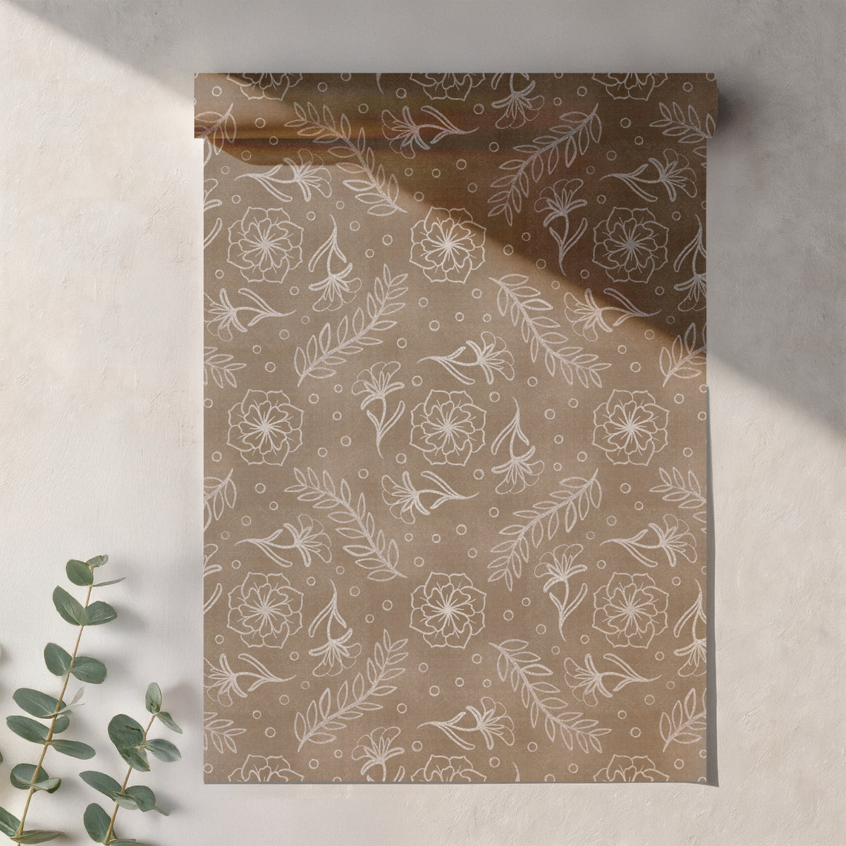 Warm Brown Botanical Floral Seamless Pattern – Neutral Hand Drawn Wildflower & Leaf Design