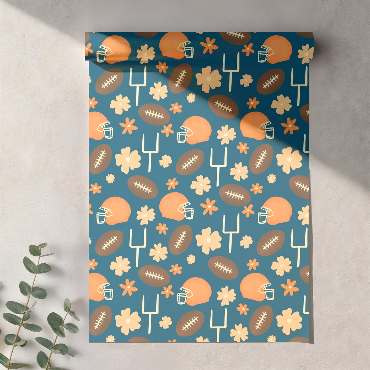 Floral Football Seamless Pattern – Blue & Orange Game Day Sports Design