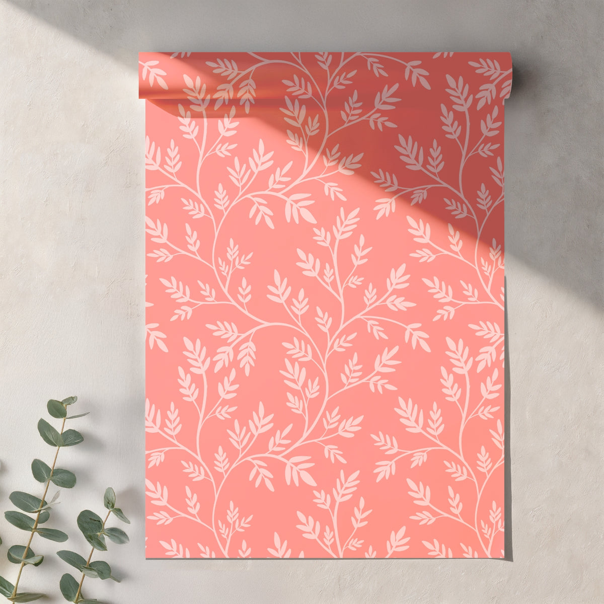 Coral Botanical Seamless Pattern – Blush Pink Leafy Branches Minimal Floral