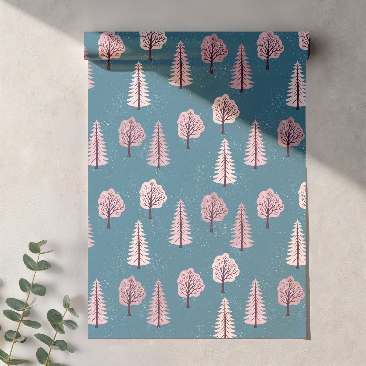 Pink Winter Forest Seamless Pattern – Snowy Blush Trees on Winter Blue