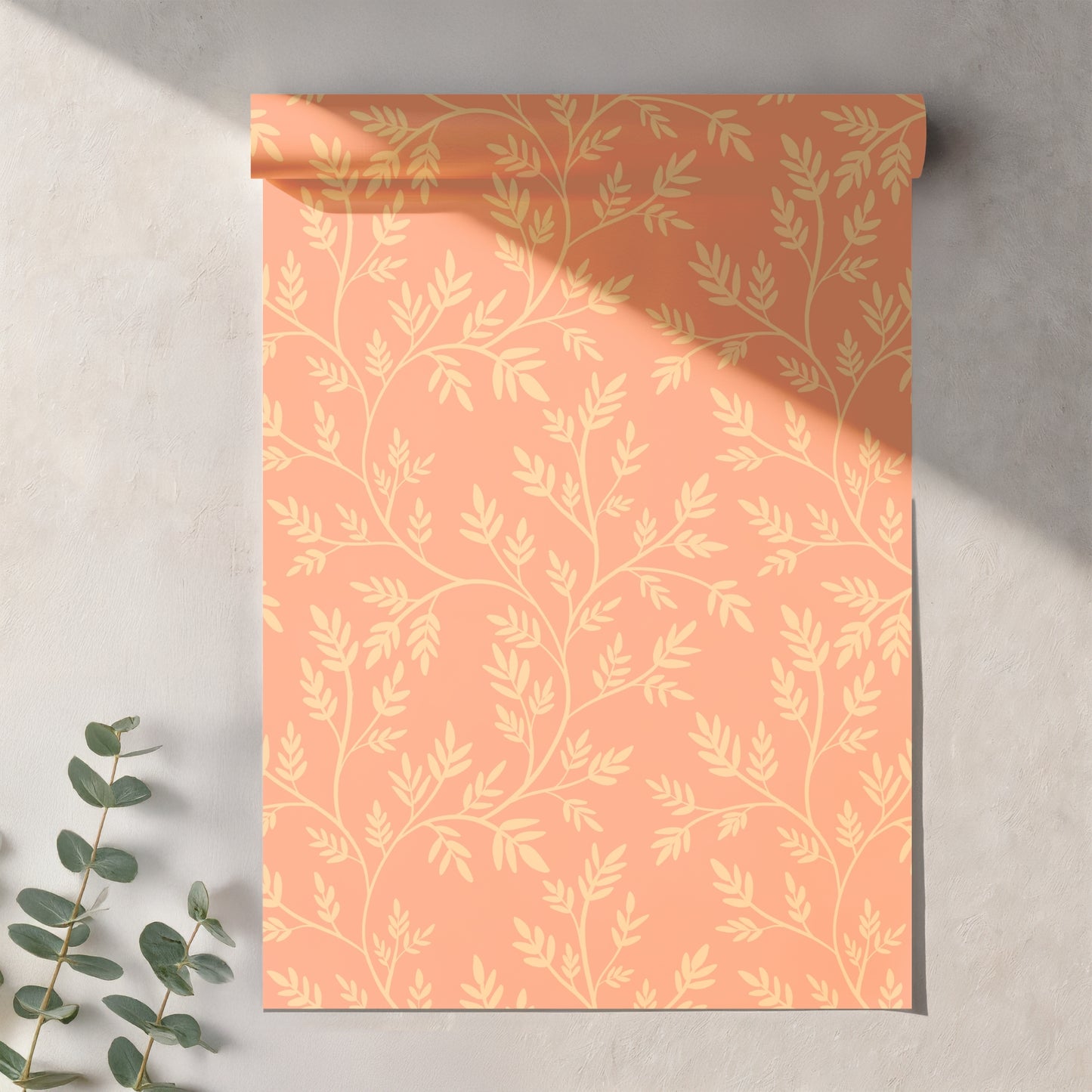 Peach Botanical Vine Seamless Pattern – Warm Orange Leafy Floral Background