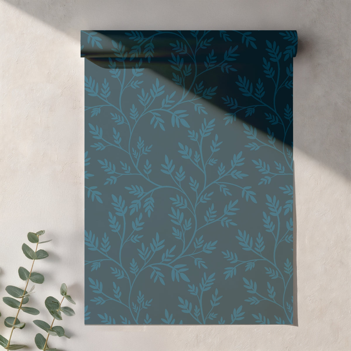 Midnight Blue Botanical Vine Seamless Pattern – Dark Moody Leaf Background