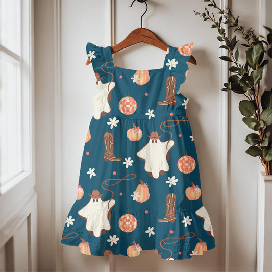 Cowboy Ghost Seamless Pattern – Western Fall Print on Deep Teal | Boots, Pumpkins, Rope & Disco Elements | Moody Autumn Design