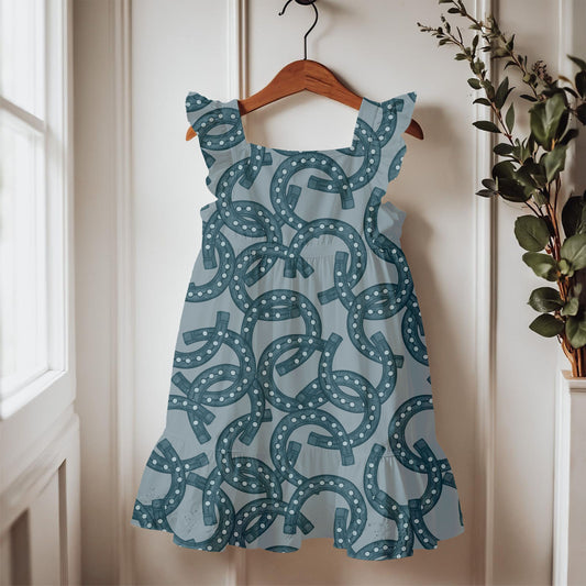 Blue Horseshoe Seamless Pattern – Western Teal Horseshoe Print on Dusty Blue | Commercial Use Surface Design