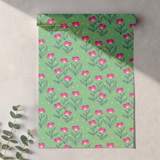 Garden Flowers Seamless Pattern – Pink & Blue Whimsical Botanical Floral Design