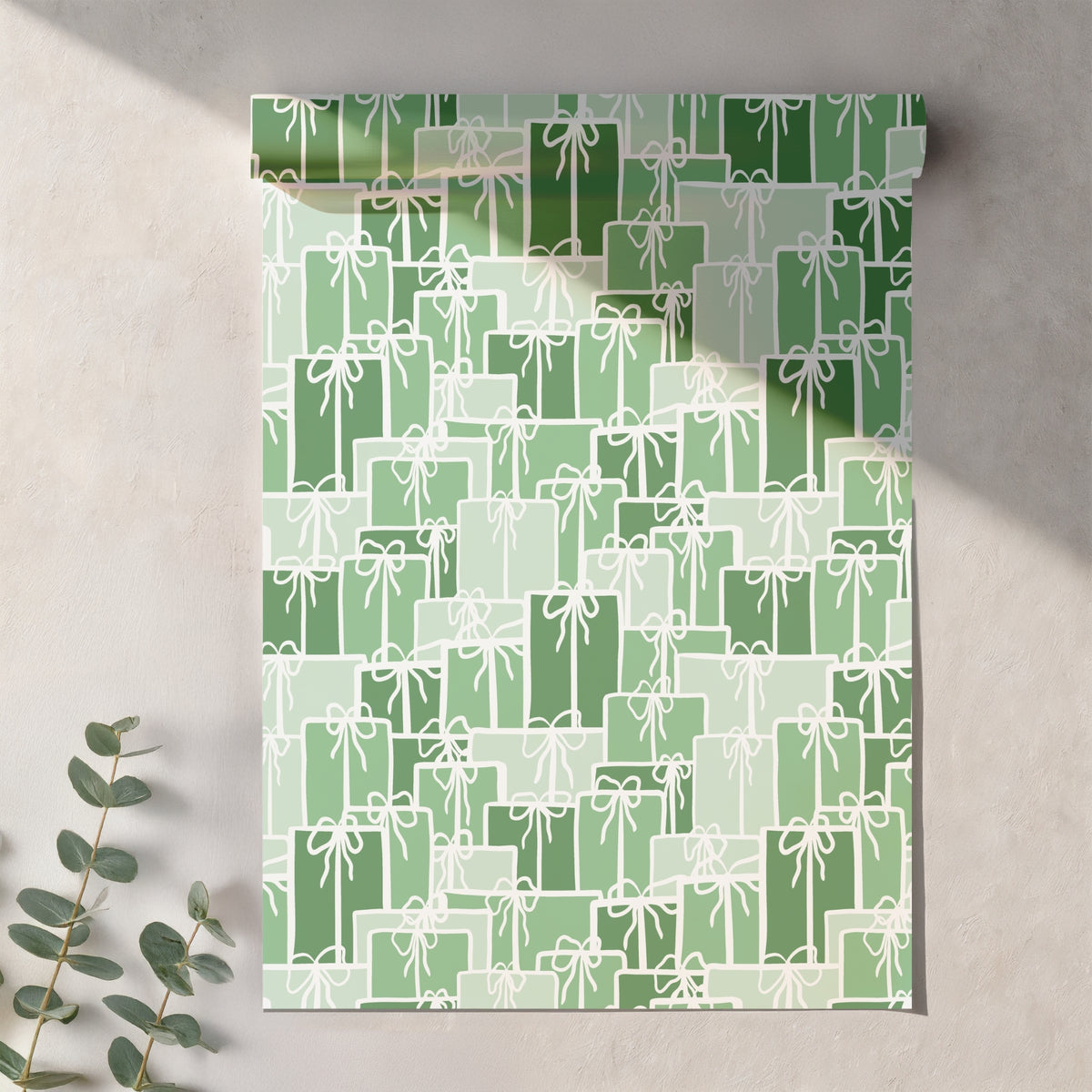 Christmas Presents Seamless Pattern – Green Gift Boxes with Hand-Drawn White Bows