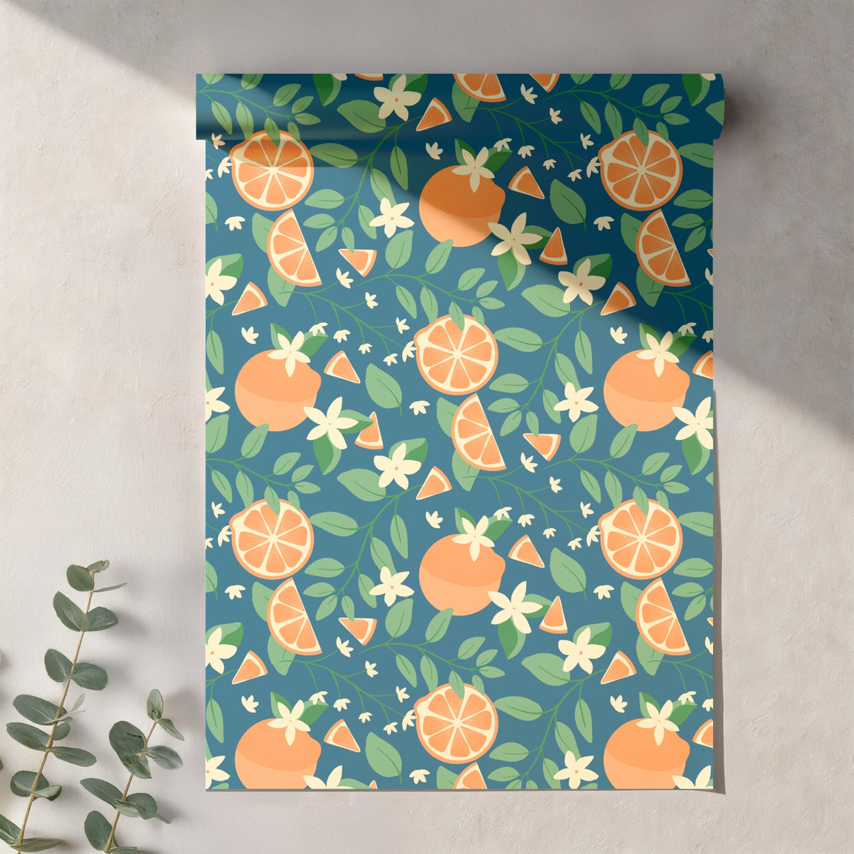 Orange Blossom Seamless Pattern – Citrus Fruit Flowers & Green Leaves on Deep Blue