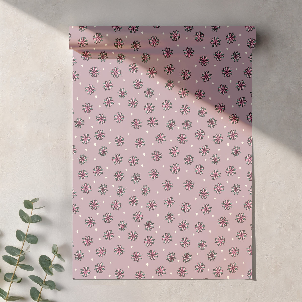 Pink Doodle Flower Seamless Pattern – Whimsical Floral on Dusty Mauve
