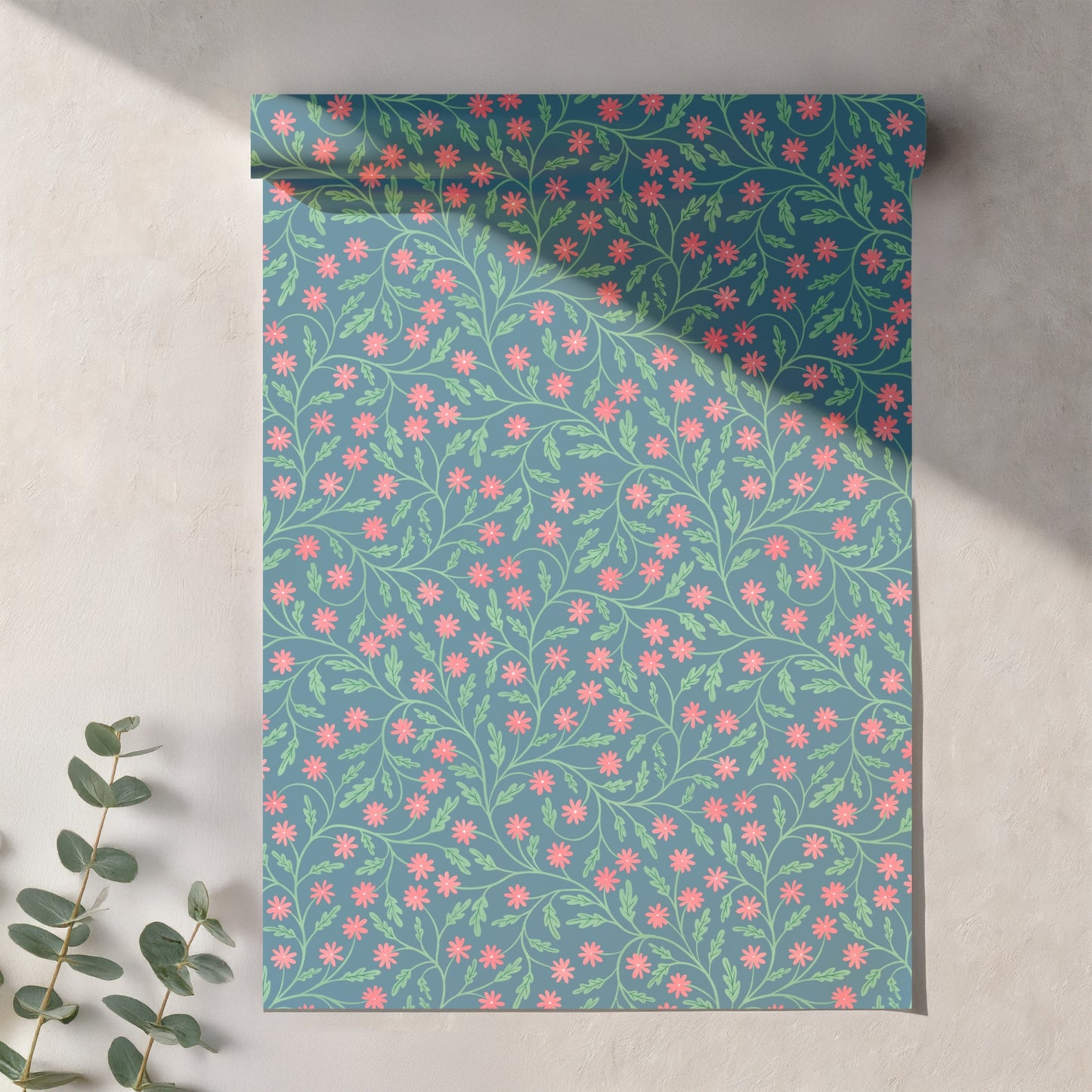 Blooming Florals Seamless Pattern – Blue & Pink Whimsical Botanical Flower Design