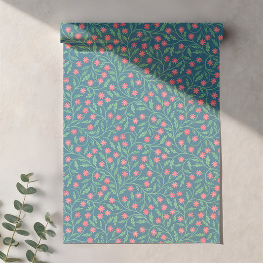 Blooming Florals Seamless Pattern – Blue & Pink Whimsical Botanical Flower Design
